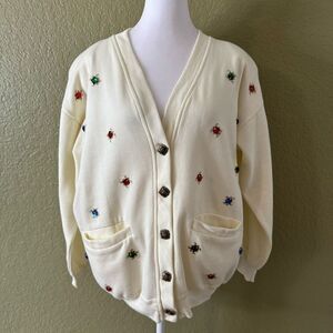 Vintage 80s Women's S Jewel Bedazzled Sweatshirt Cardigan Cream Retro Mod Artsy